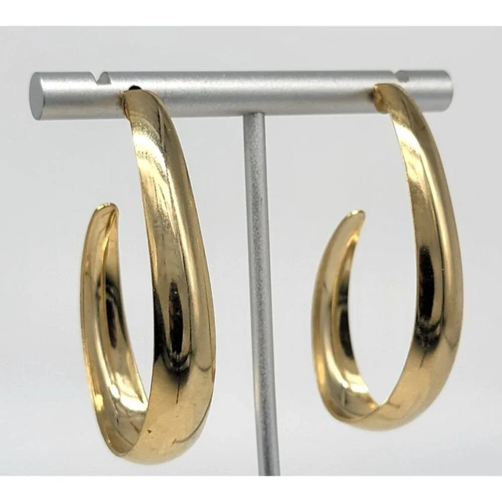 Gold Tone Oval Hoop Earrings Large Polished Unmarked Statement Jewelry Vintage S